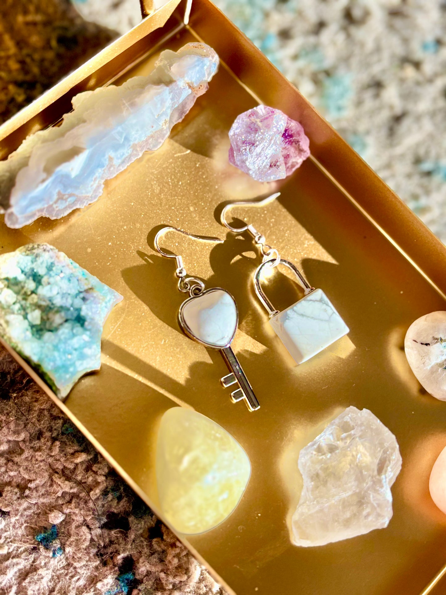 Lock and Key Earrings - White Howlite