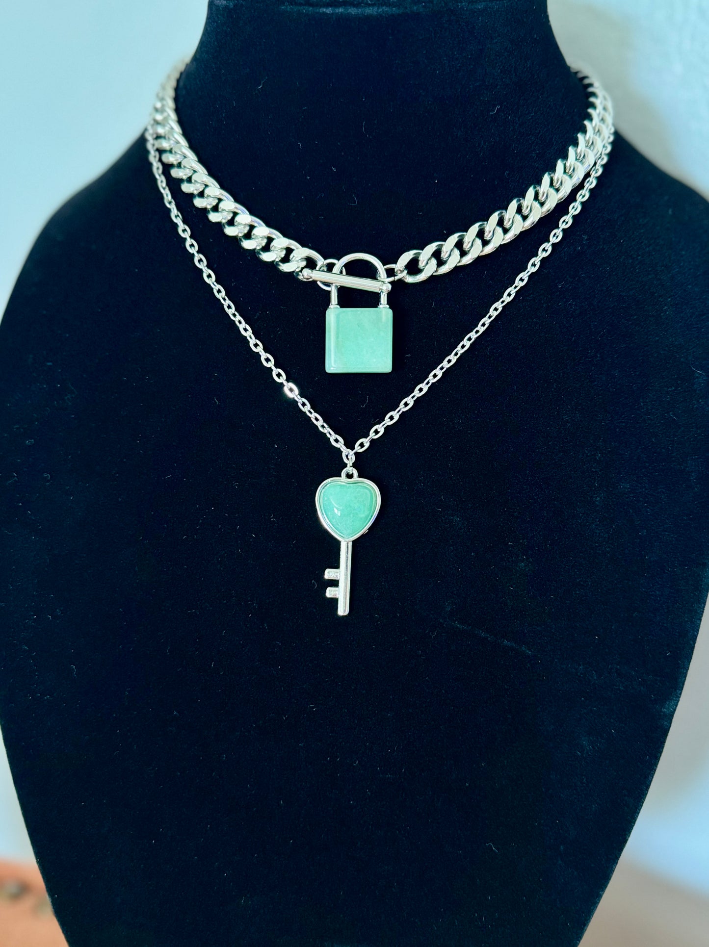 Lock and Key Necklace - Green Aventurine