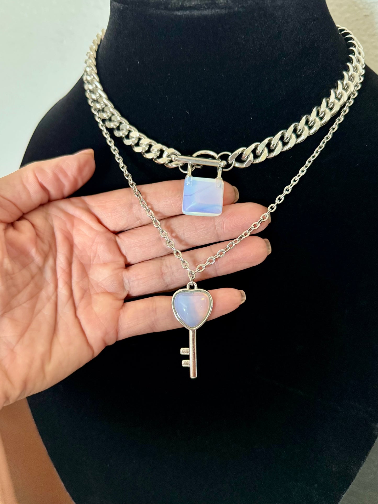 Lock and Key Necklace - Opalite