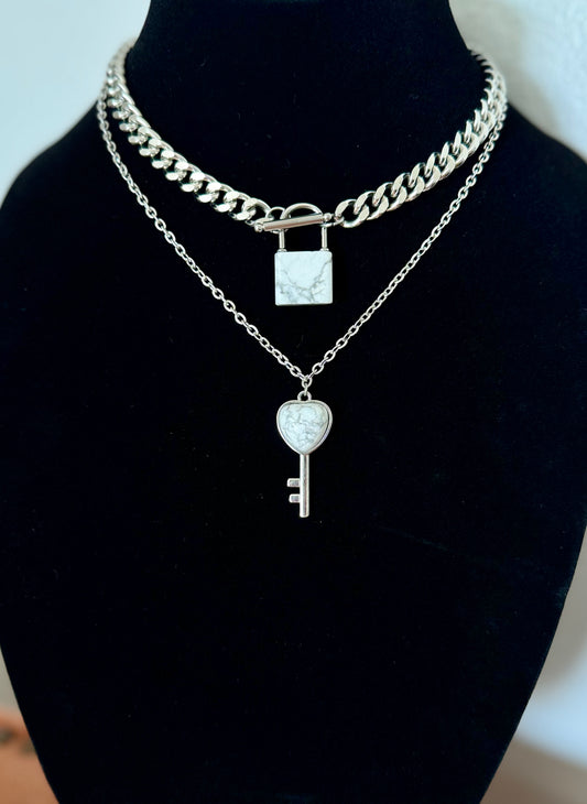 Lock and Key Necklace - White Howlite