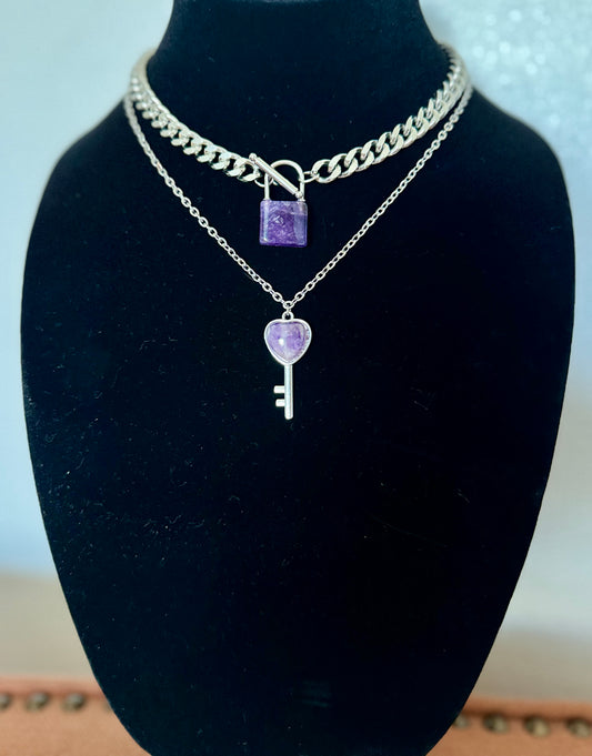 Lock and Key Necklace - Amethyst