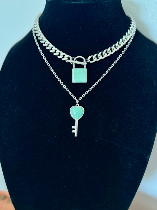 Lock and Key Necklace - Green Aventurine