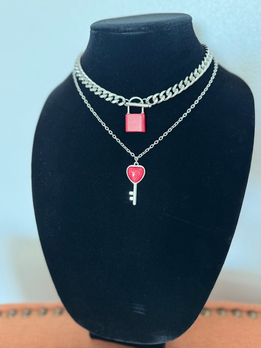 Lock and Key Necklace - Pink Agate