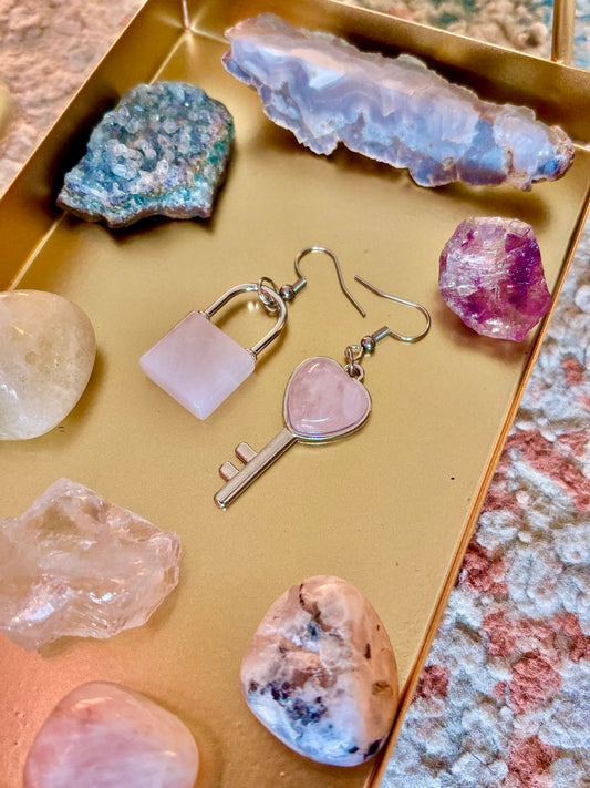 Lock and Key Earrings - Rose Quartz