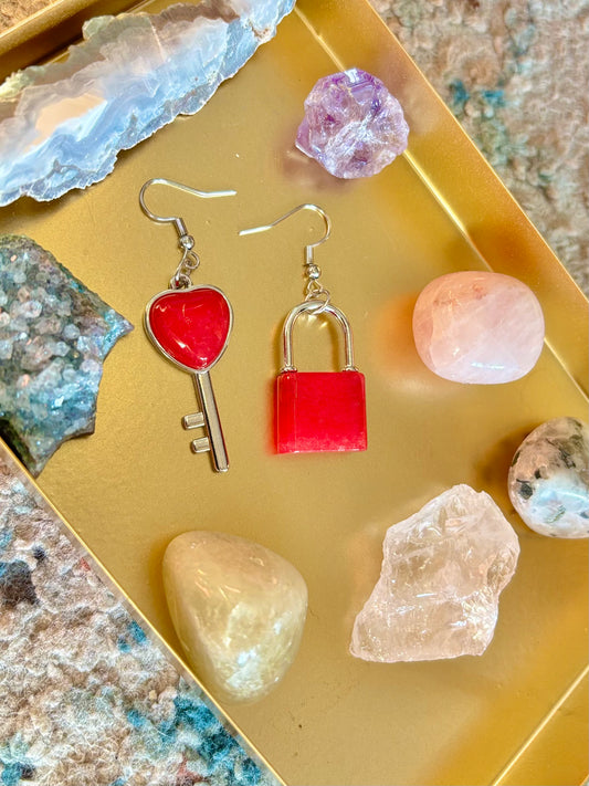 Lock and Key Earrings - Pink Agate